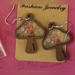 Wooden Mushroom Earrings with Floral Design
